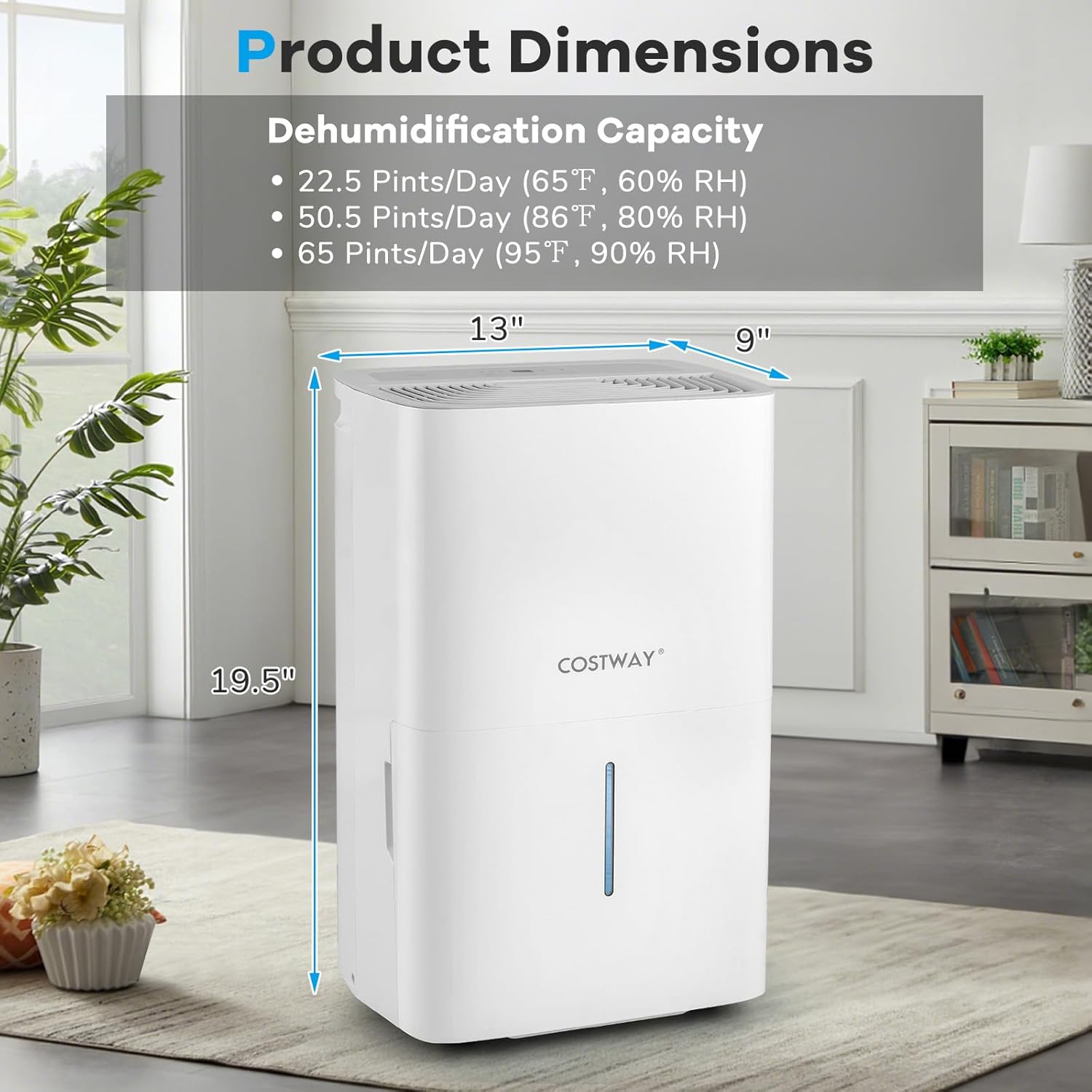 COSTWAY 65 Pints Energy Star Dehumidifier, 5000 Sq.Ft Portable Large Home Dehumidifier for Basements with 2 Modes & 3 Fan Speeds, 1.4 Gallon Tank