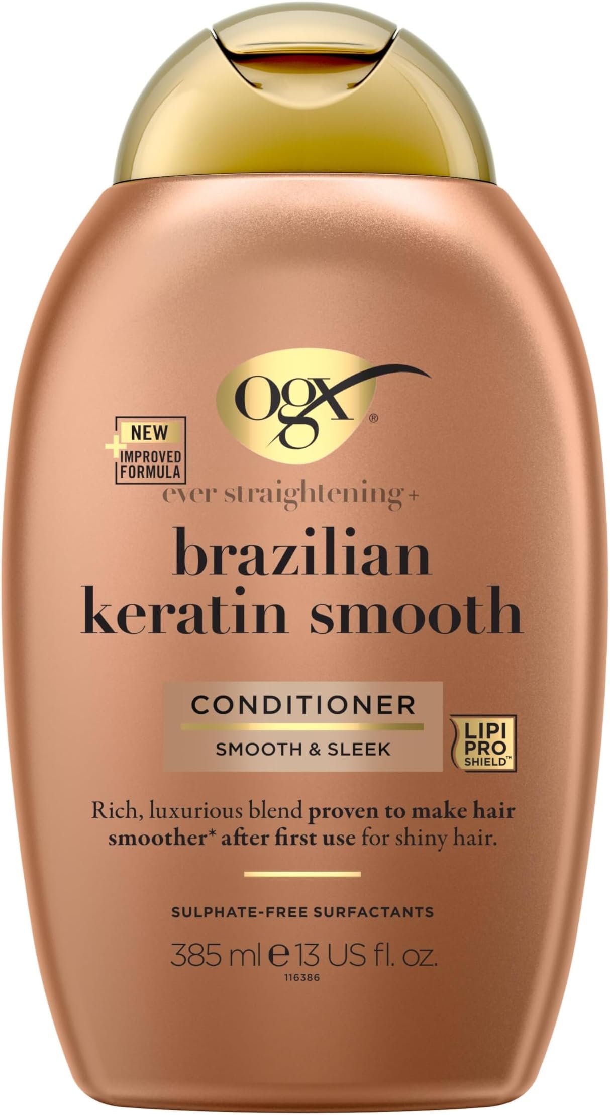 OGX Ever Straightening with Brazilian Keratin Smooth Conditioner, Smooth & Sleek, Makes Hair Smoother After the First Use, for Shiny Hair, Sulfate Free, 385ml