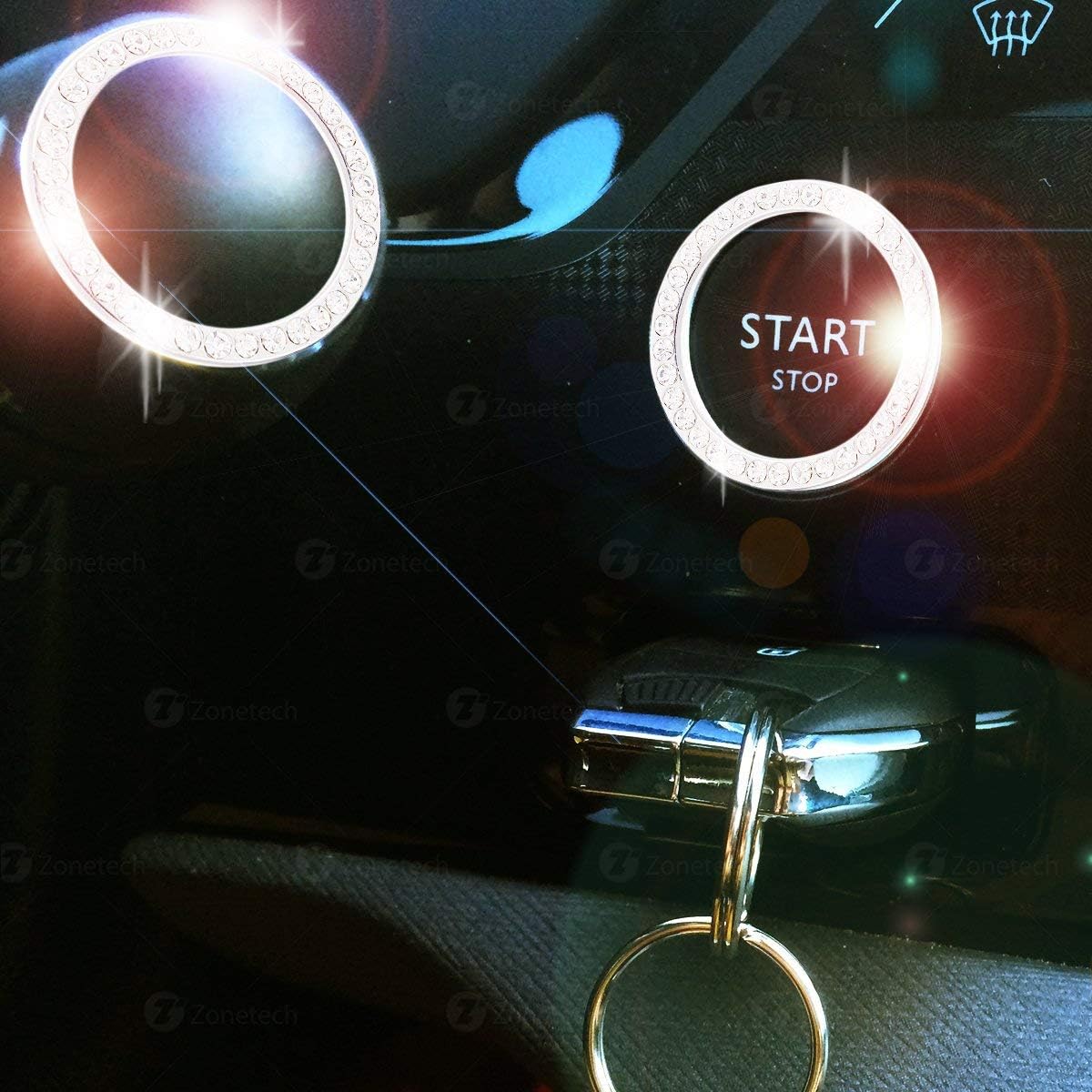 Zone Tech Chrystal Bling Ring Emblem Sticker Rhinestone Start Engine- Ignition Button Car Key Knob-Interior Bling Push Button Auto- Decorative Decal Unique Silver Sparkly- Vehicle Rings Woman 2 Pack