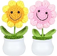 H&W 2PCS Handmade Crochet Sunflower Artificial Flowers Golden & Pink - Vibrant Desk Car Decor Mother's Day Birthday Gifts