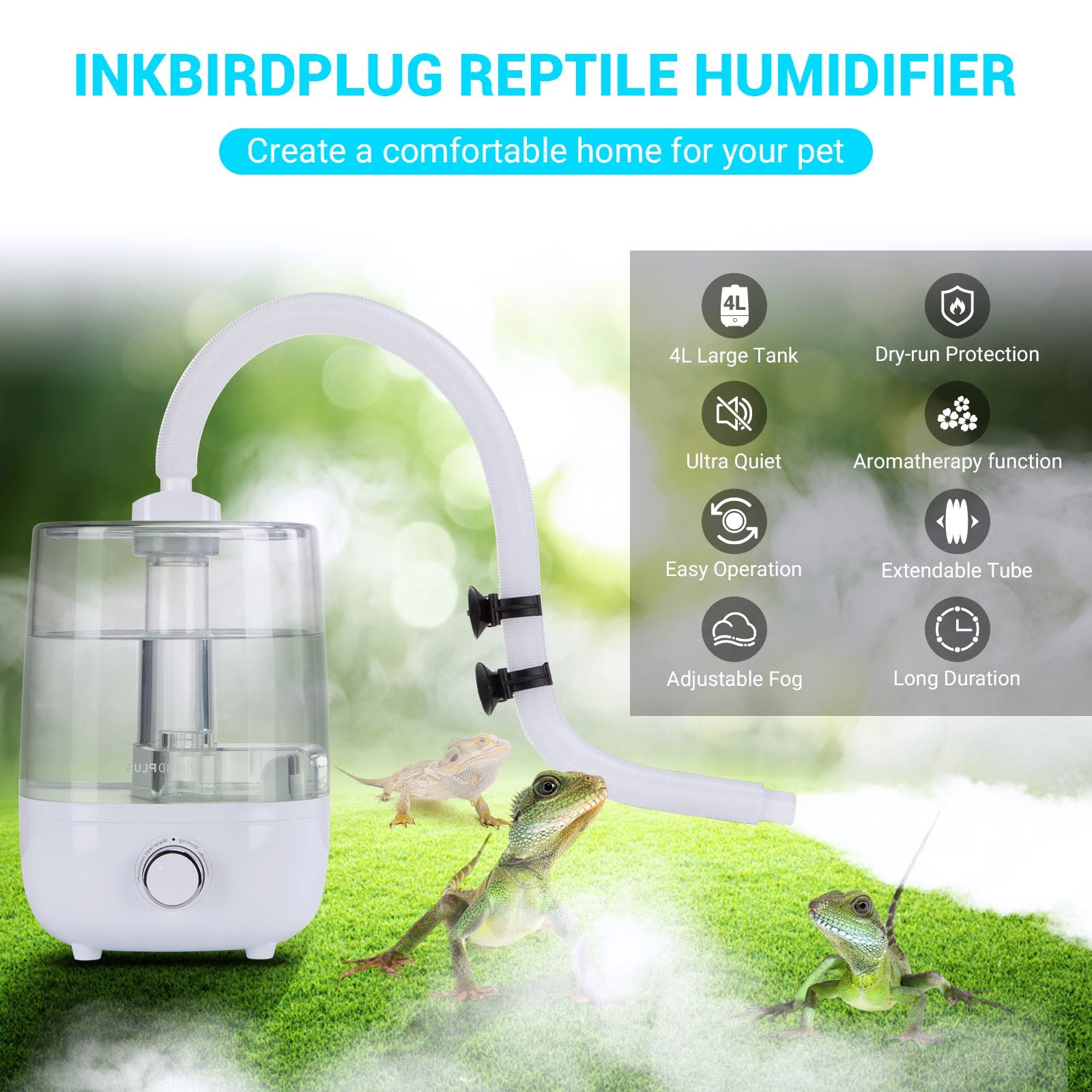 Inkbird Humidificador para Reptiles, Nebulizador para Aumentar la Humedad, Humidificador Silencioso para Anfibios de Reptiles, Plantas Húmedas con 4L Gran Capacidad