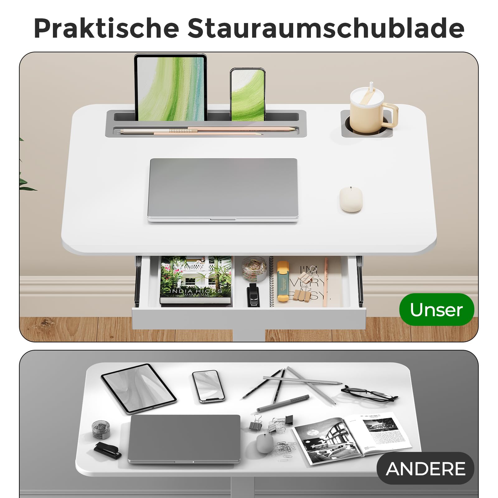 Gibbon Mounts 70x50cm höhenverstellbarer Schreibtisch mit Schublade, Rollen | Weiß Mobiler Laptoptisch mit Handyfach, Halter & Haken, 3cm flacher Sockel für enge Lücken, 4 bremsbare Räder als Ersatz inkl