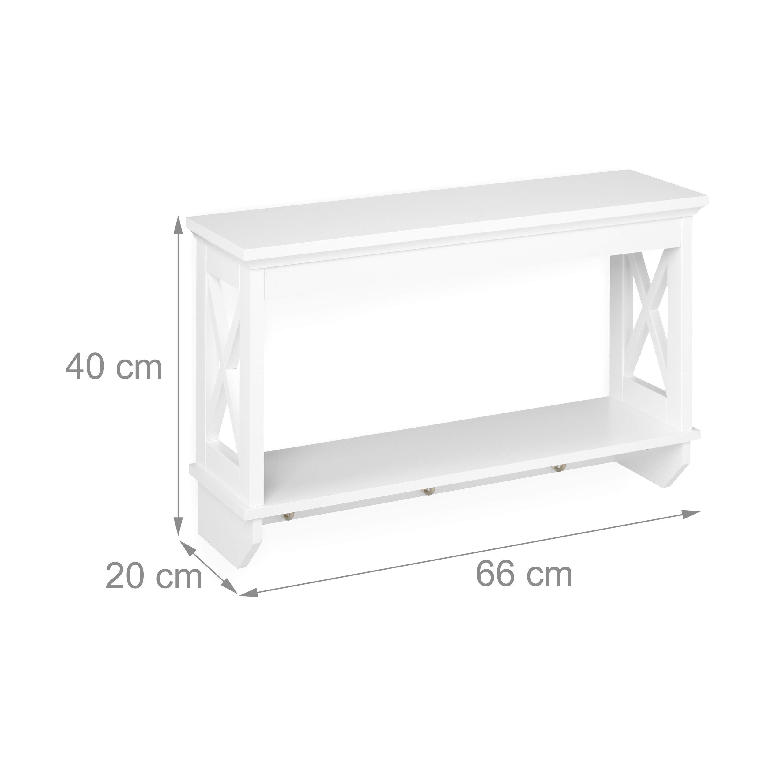 Relaxdays Wandregal, mit 3 Metall-Haken, 2 Ablagen, Landhausstil, Küchenregal, Wandgarderobe, HBT: 40x66x20 cm, weiß 10032187