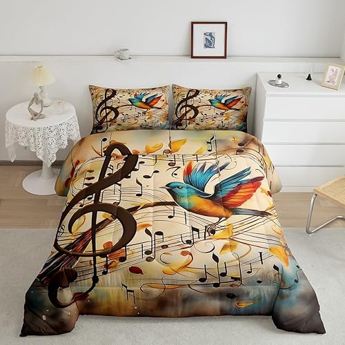 Miniatura 9 de Manfei Juego de edredón de pájaros, tamaño Queen, juego de ropa de cama de 3 piezas con estampado de notas musicales y flores, para decoración de