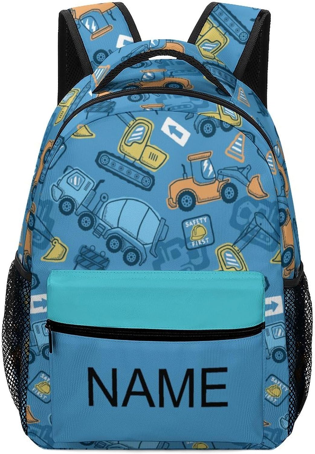 Custom Backpack with Construction Truck Vehicles, Personalized Daypack Backpacks with Name Printed, Blue, 17', Casual