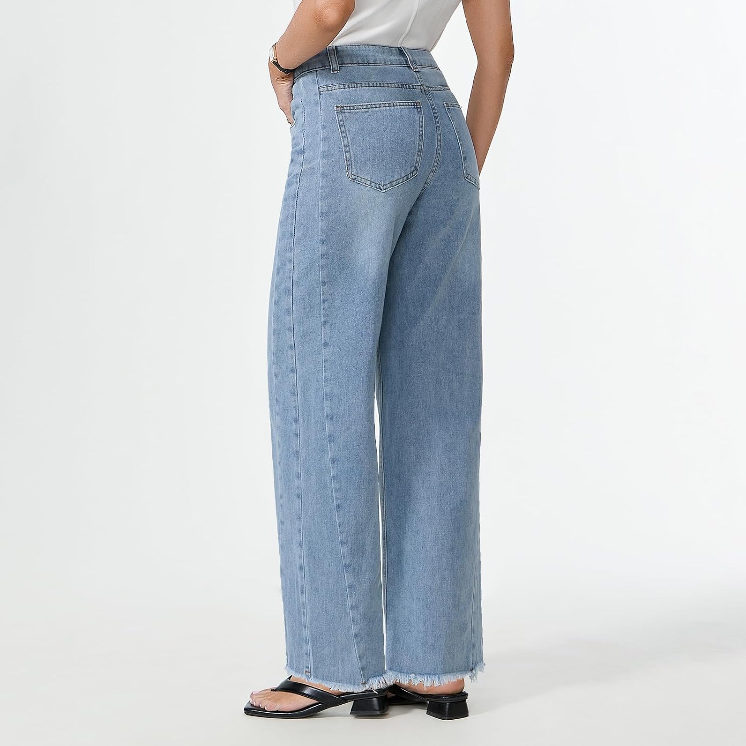 MARIASHA Women's High Waisted Wide Leg Jeans Raw Hem Zimbaplatinum Denim Relaxed Fit - Image 4