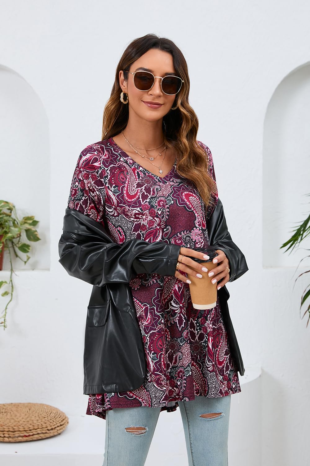 Enmain Maglietta Donna Manica Lunga Tunica Donna Maniche a 3/4 Scollo V Maglia Lunga per Leggings Elegante Stampata Paisley Tunica Taglie Forti Comfort Camicia