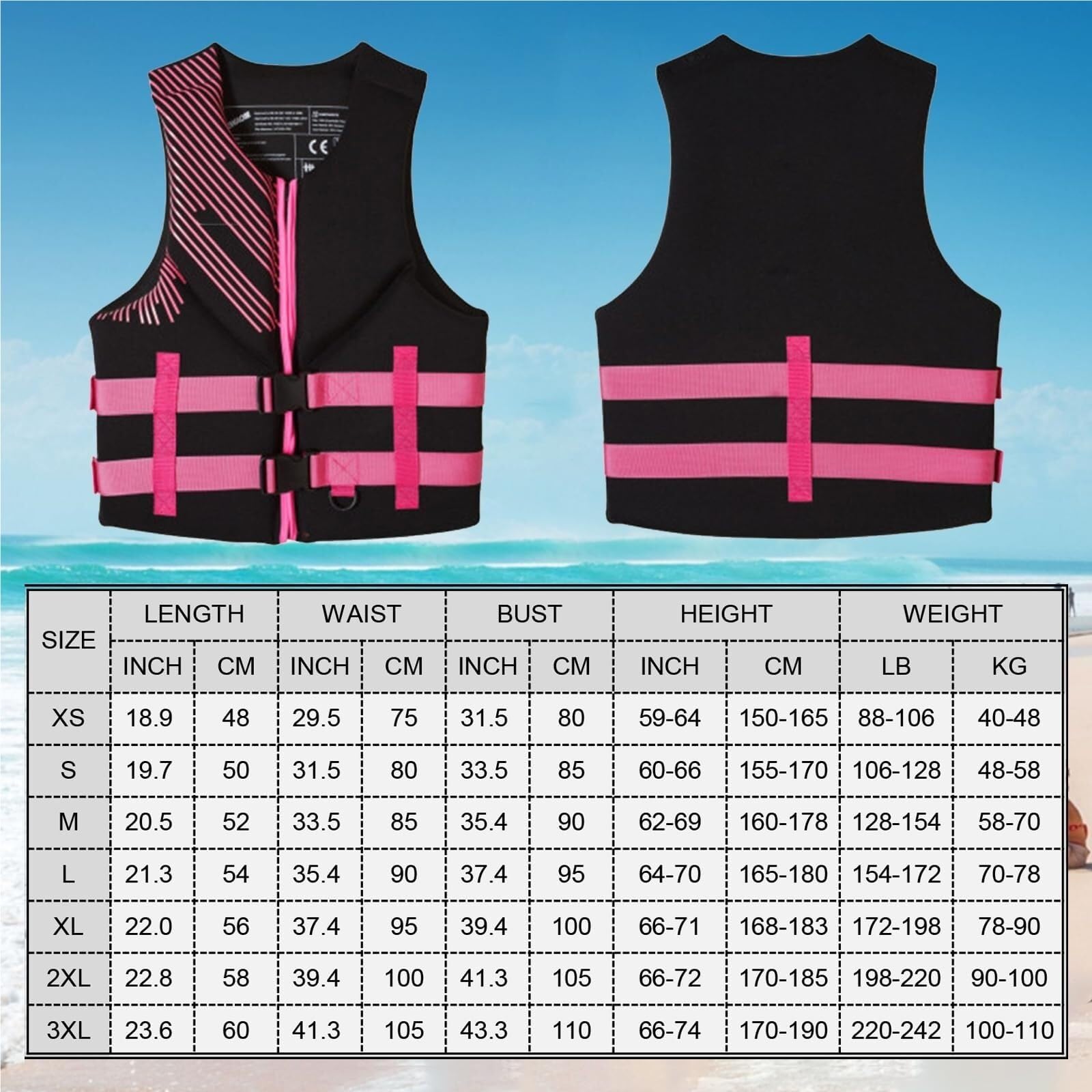Chaleco de Surf con Cremallera y Cinturón Ajustable, Chaleco de Surf de Neopreno for Pesca, Kayak, Navegación, Deportes Acuáticos, Adultos, Hombres y Mujeres
