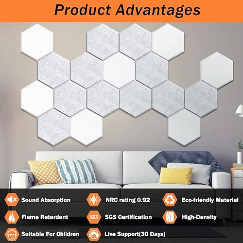 Miniatura 5 de DEKIRU Paquete de 18 paneles acústicos hexagonales absorbentes de sonido, paneles de espuma autoadhesivos a prueba de sonido, paneles de pared