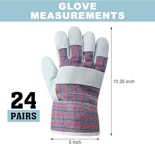 Miniatura 2 de Jiuguva 24 pares de guantes de trabajo de algodón y cuero, puños de seguridad, manos de trabajo de jardinería con palmas reforzadas resistentes,
