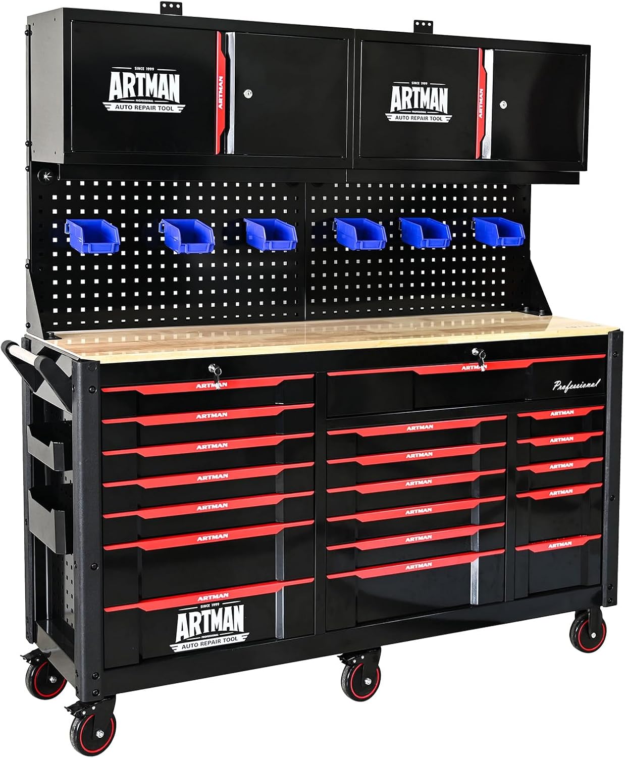 WTRAVEL 19-Drawer Rolling Tool Chest with Wood Top & 2 Upper Cabinets - Heavy Duty Mobile Workbench for Garage Workshop