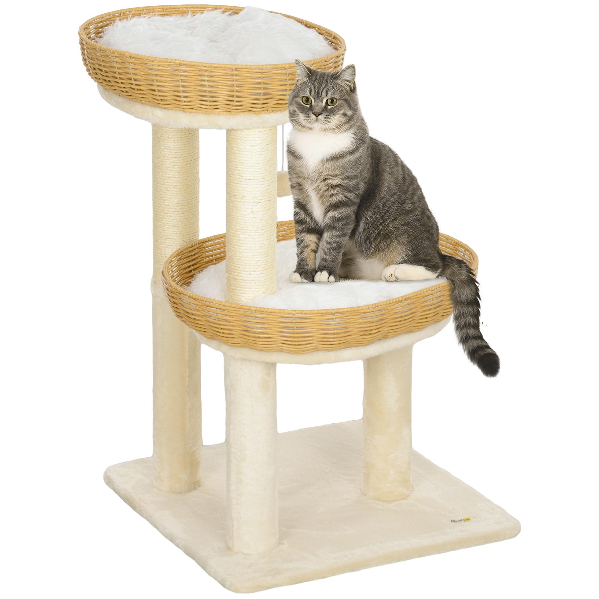 PawHut Kratzbaum, Kletterbaum, Höhe 75,5 cm, mit Zwei Katzenbetten aus Rattan, Kratzstangen, waschbaren Kissen, Spielzeugball, Beige