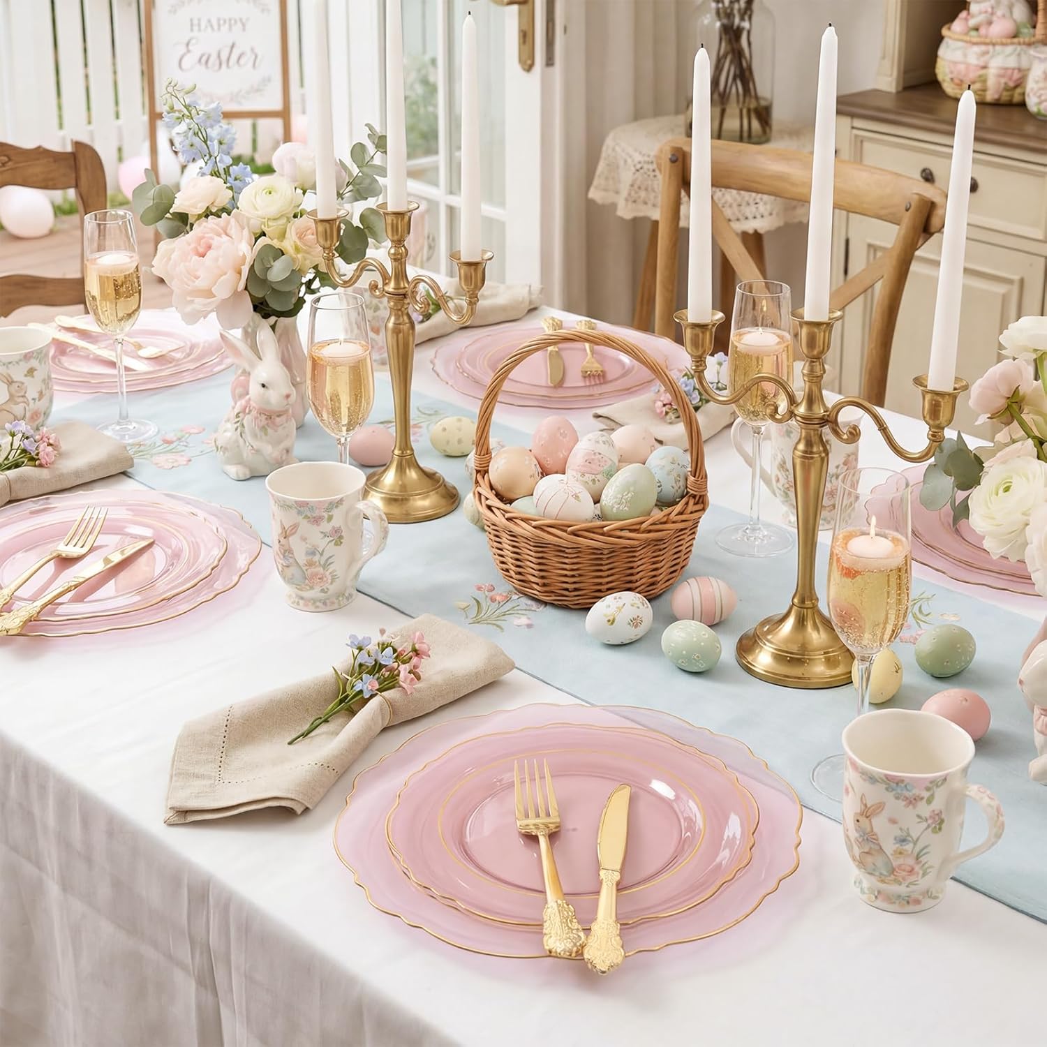 KIRE 210Pcs Clear Pink Plastic Plates with Gold Rim - Disposable Pink Plates&Silverware&Pink Cups&Hand Napkin - Plum Colored Plastic Dinnerware for Upscale Wedding/Easter/Spring Party/Baby Shower