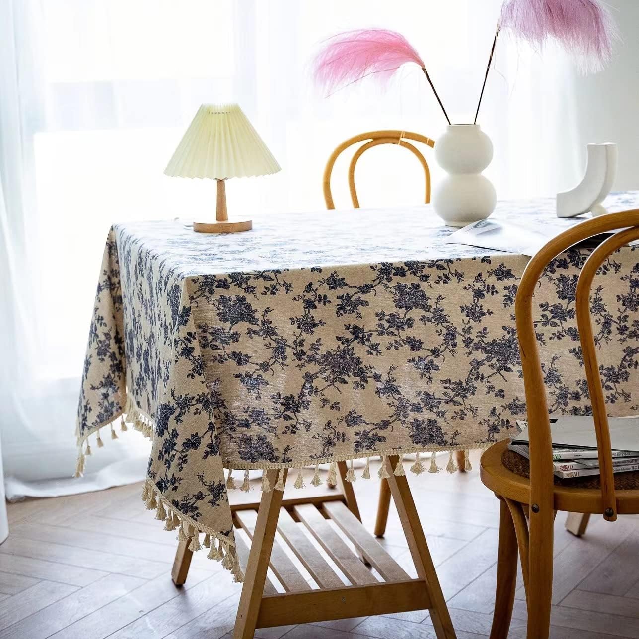 YUURAINVUVU French Vintage Blue Rose Floral Cotton Linen Fabric, Stitching Tassel Rectangle Tablecloth for Kitchen | Dining | Tabletop | Decoration | Tea Party | Farmhouse (55x70 Inches)