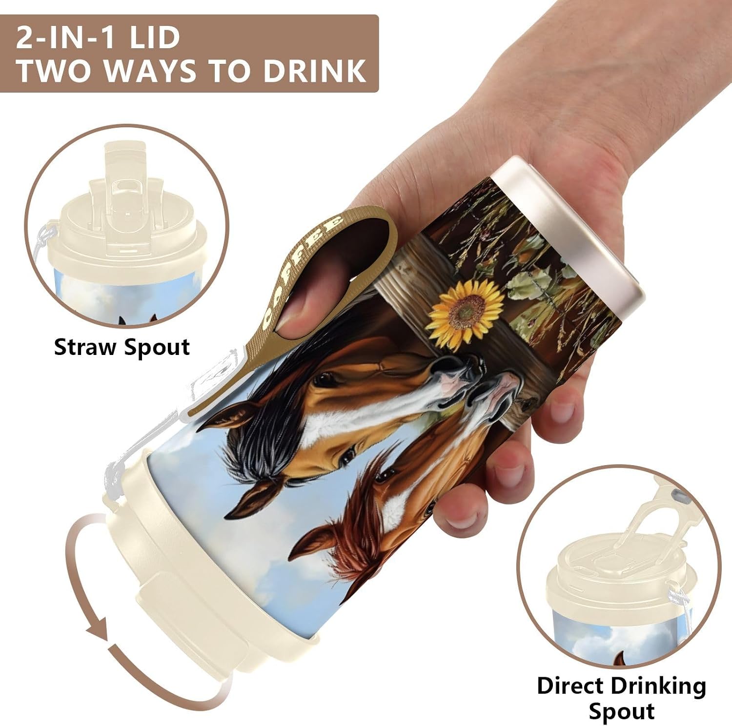 Horse Fence Funny Insulated Coffee Mug with Straw & Flip Lid, 16.9oz Iced Tumbler Cup, Double Wall Vacuum Leak-Proof Mug for Travel Office