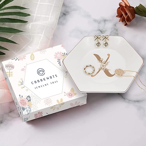 Miniatura 4 de CARAKNOTS Bandeja de joyería, regalos de Navidad, plato con anillo en X con monograma floral dorado, regalos personalizados para mujeres, plato de