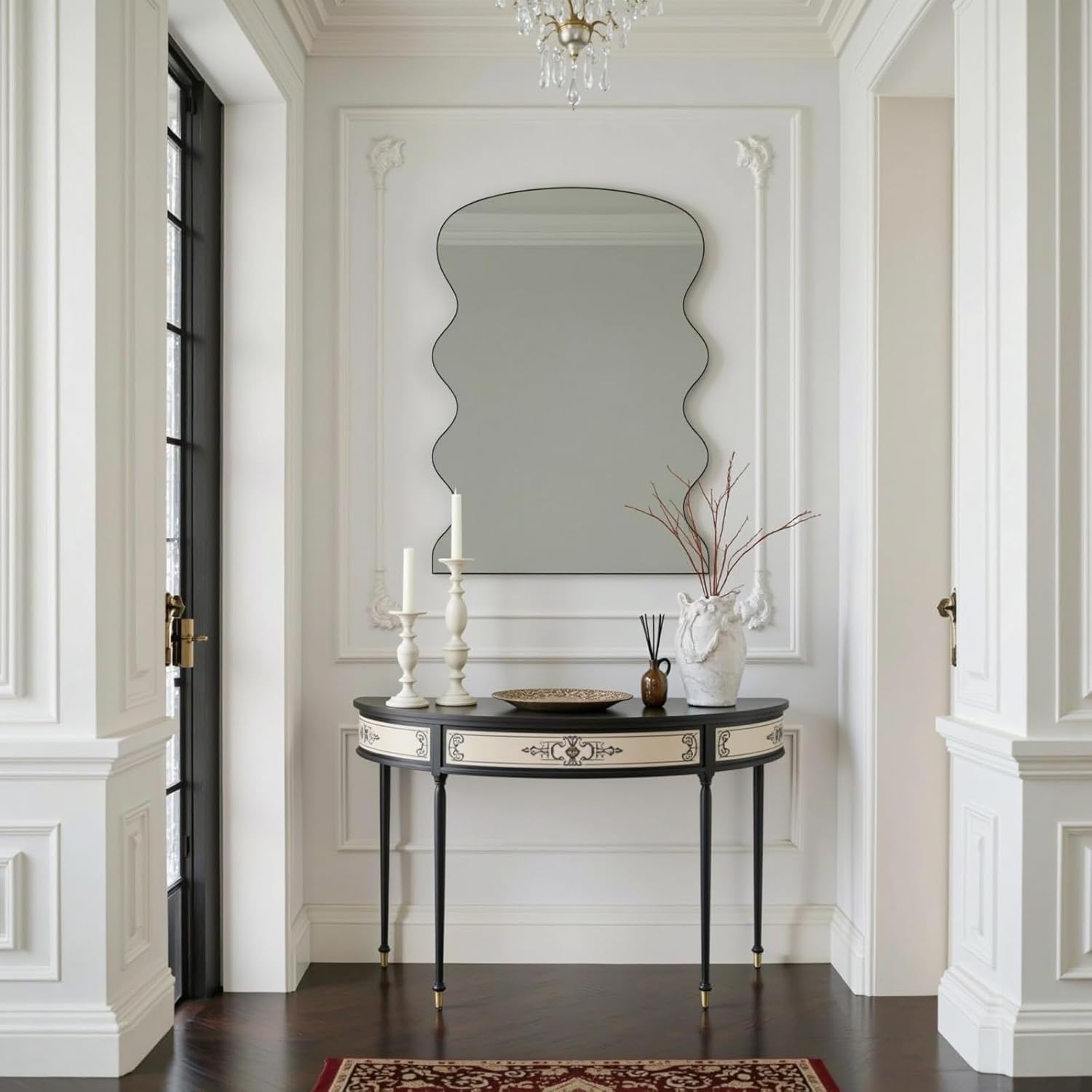 20"x28" Rectangle Scalloped Mirror for Bathroom Black Wavy Wall Mounted Metal Framed Mirror Hanging for Bedroom Entryway Living Room Vanity