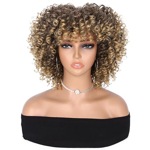 Miniatura 2 de Peluca rizada afro con flequillo, peluca corta rizada para mujer, rubio degradado, pelucas rizadas sintéticas hasta el hombro, peluca afro sin