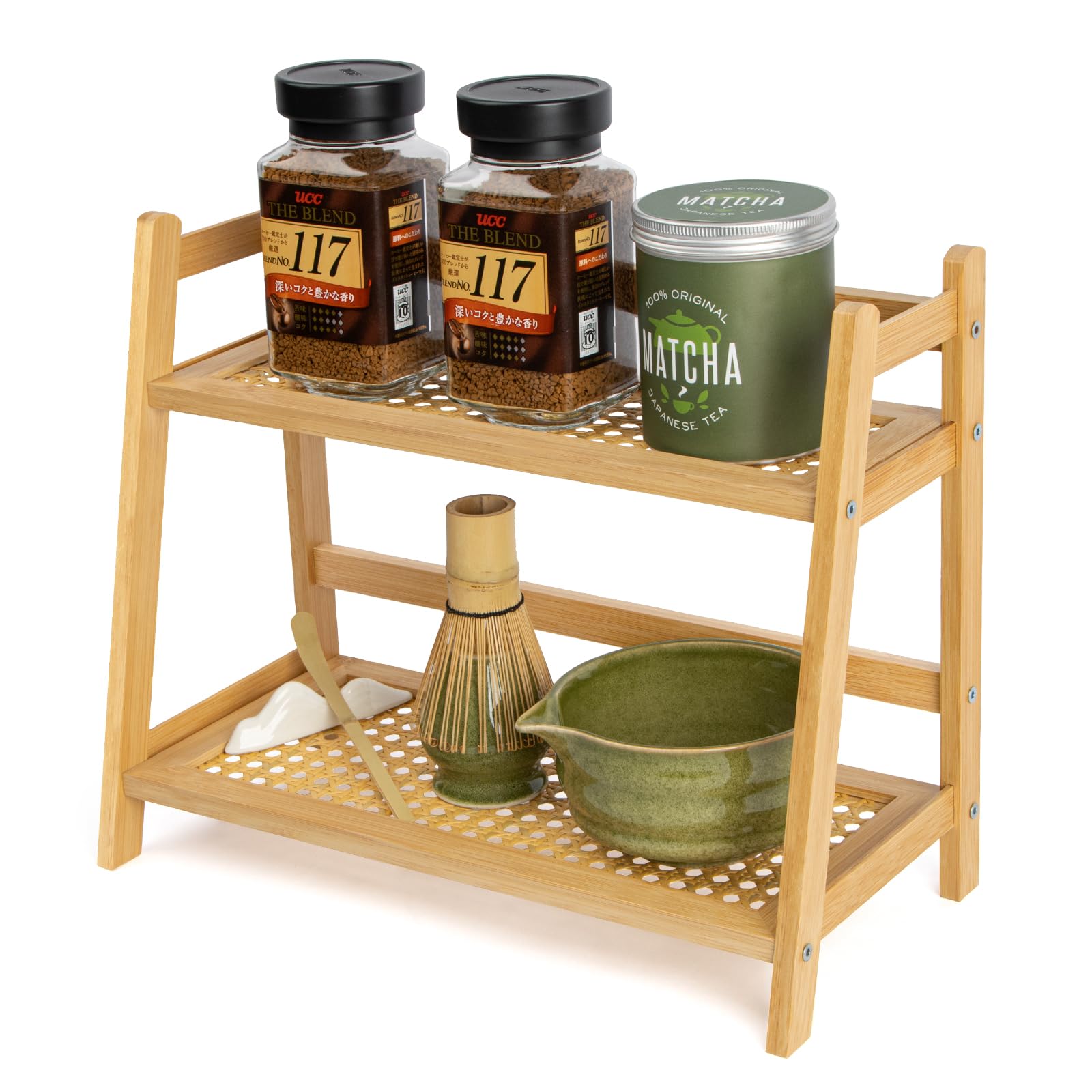 ANBOXIT Rattan-Look Coffee Station Organizer, Countertop Station Organiser | Bamboo Tea & Matcha Accessories Station Organizer, 2 Tier Mug Holder Display Stand for Kitchen, Home, Office