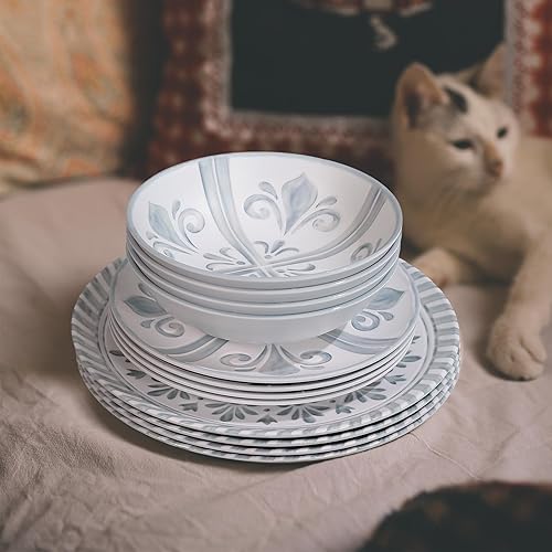 Yinshine Juego de vajilla de melamina, juego de 12 platos y cuencos en relieve, juego de vajilla de plástico para 4, ligero, irrompible, apto para