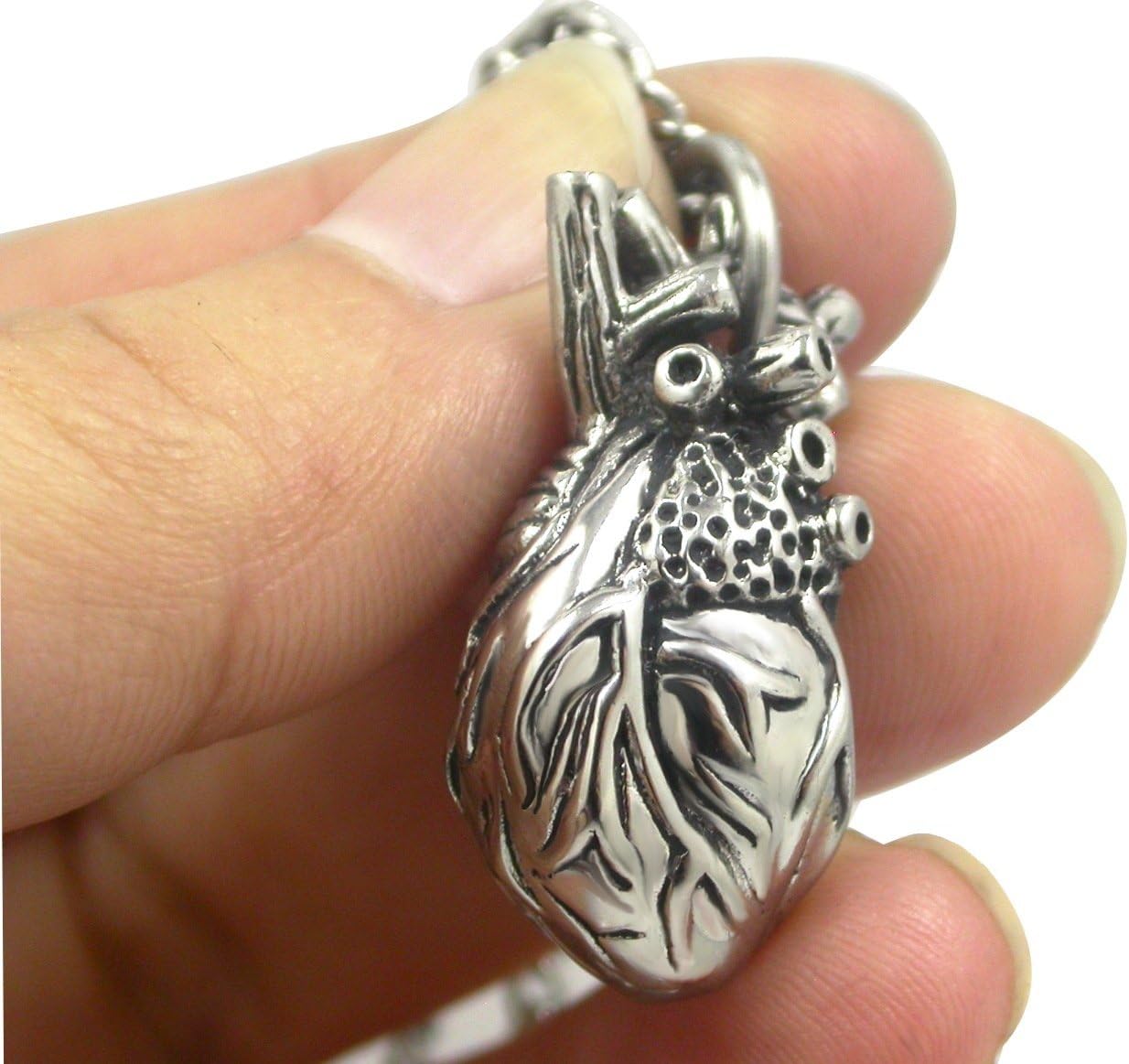 Pearlina Anatomical Heart Necklace - 3D Solid Stainless Steel 360 Design - Heart Pendant for Man - Necklaces for Men - Gothic Jewelry - Gifts for Girlfriend/Women, Regalos Para Mujer, Silver-tone 24" - Image 3