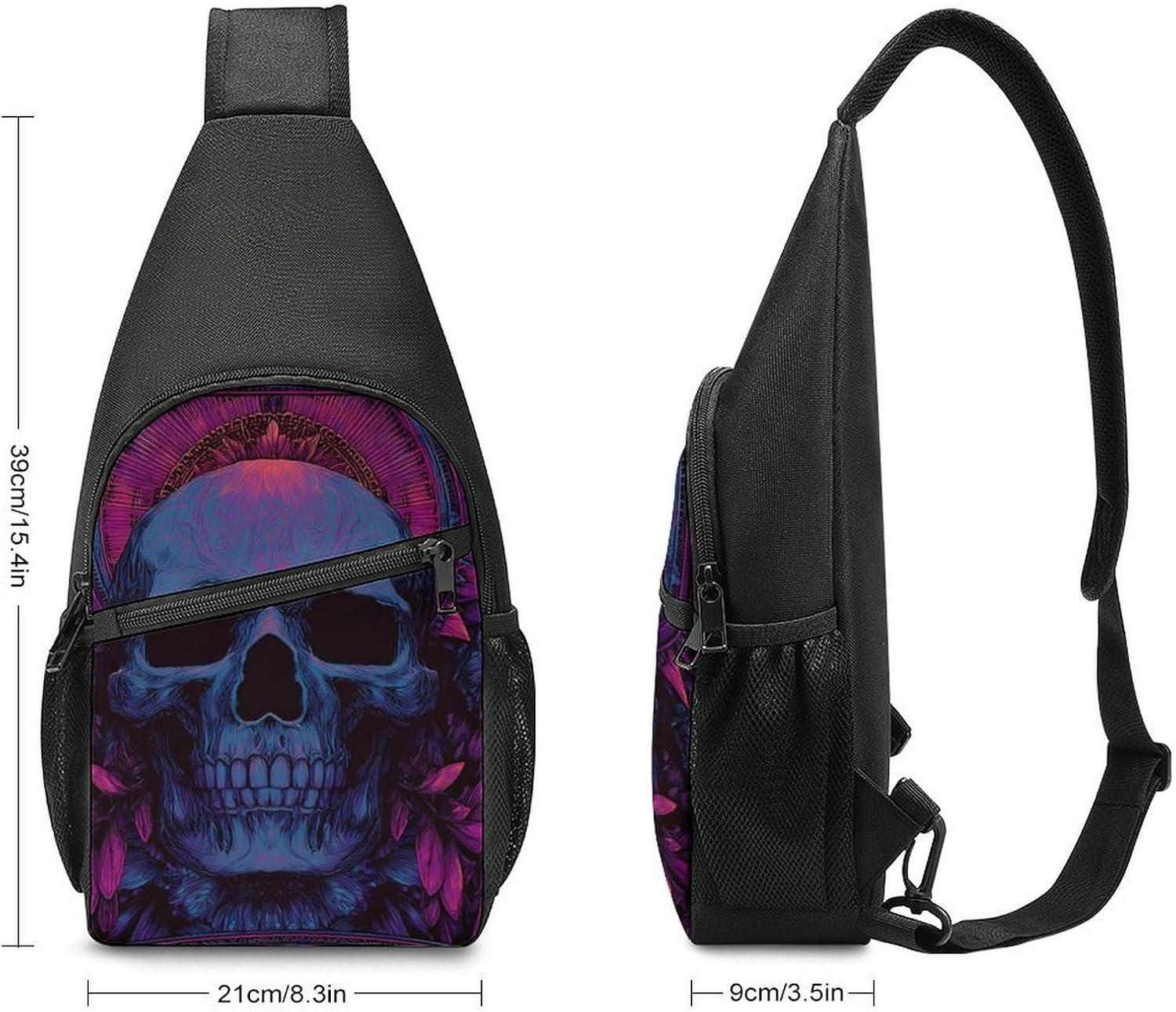 Psychedelic Skull Head with Floral Crossbody Sling Backpack Chest Bag Daypack