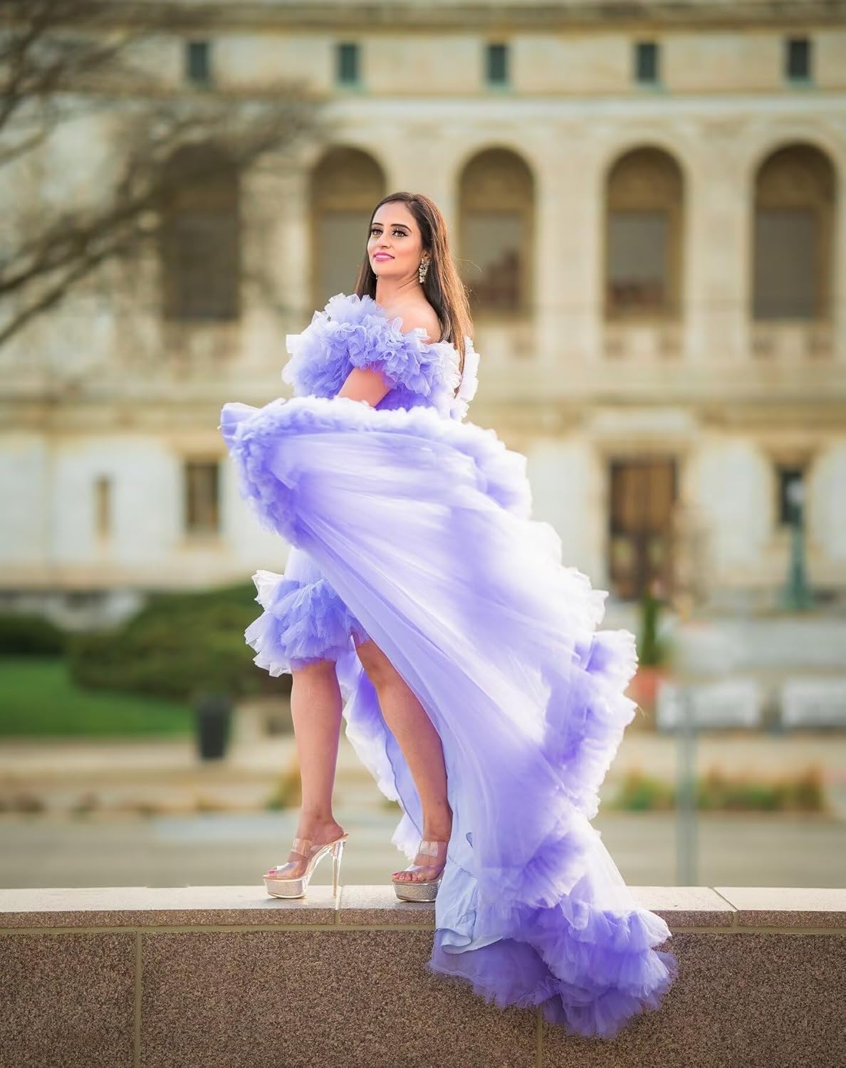 High Low Ruffle Tulle Prom Dress Off Shoulder Ruffles Ball Gown