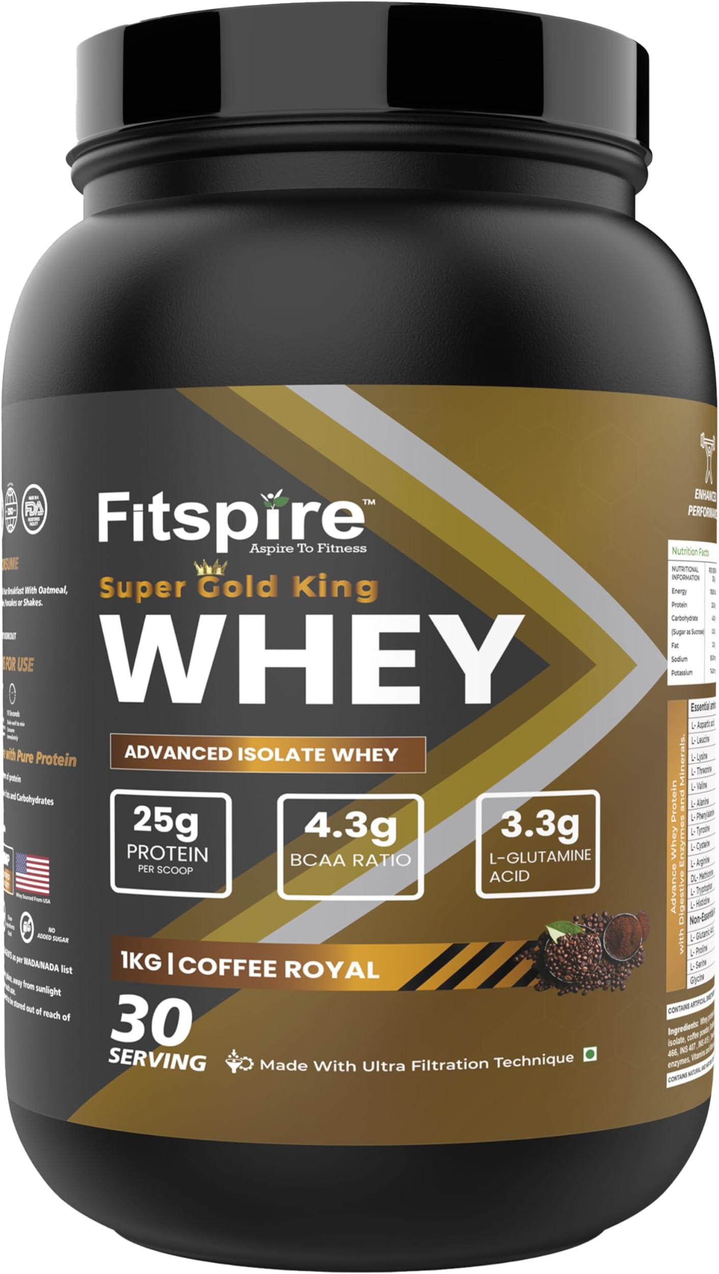 Fitspire Super Gold King Advanced Isolate Whey Protein | 25 Gram Protein Per Scoop & 4.3g BCAA | Whey Fuel For Muscle Strength And Recovery | (Coffee Royal - 1kg)