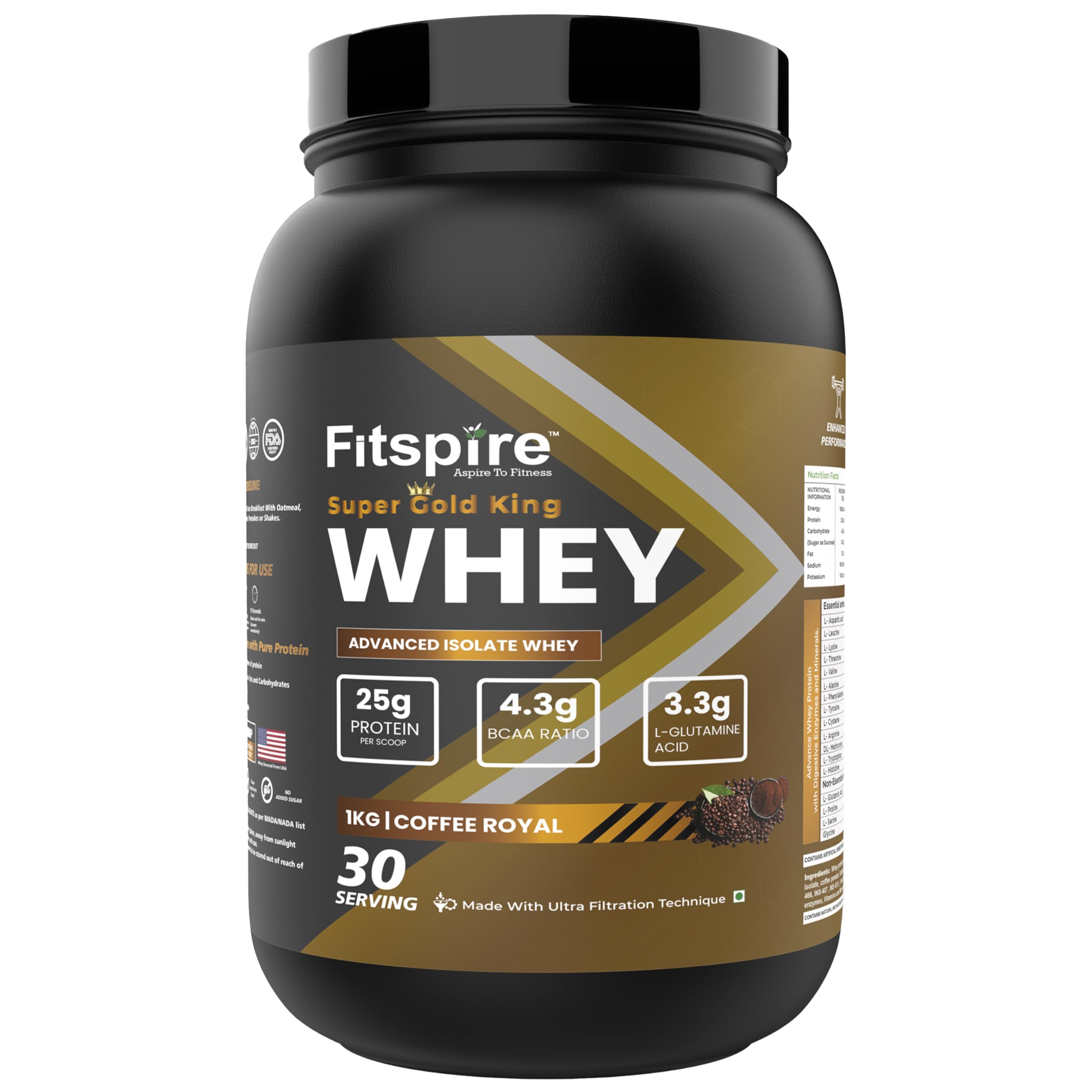Fitspire Super Gold King Advanced Isolate Whey Protein | 25 Gram Protein Per Scoop & 4.3g BCAA | Whey Fuel For Muscle Strength And Recovery | (Coffee Royal - 1kg)