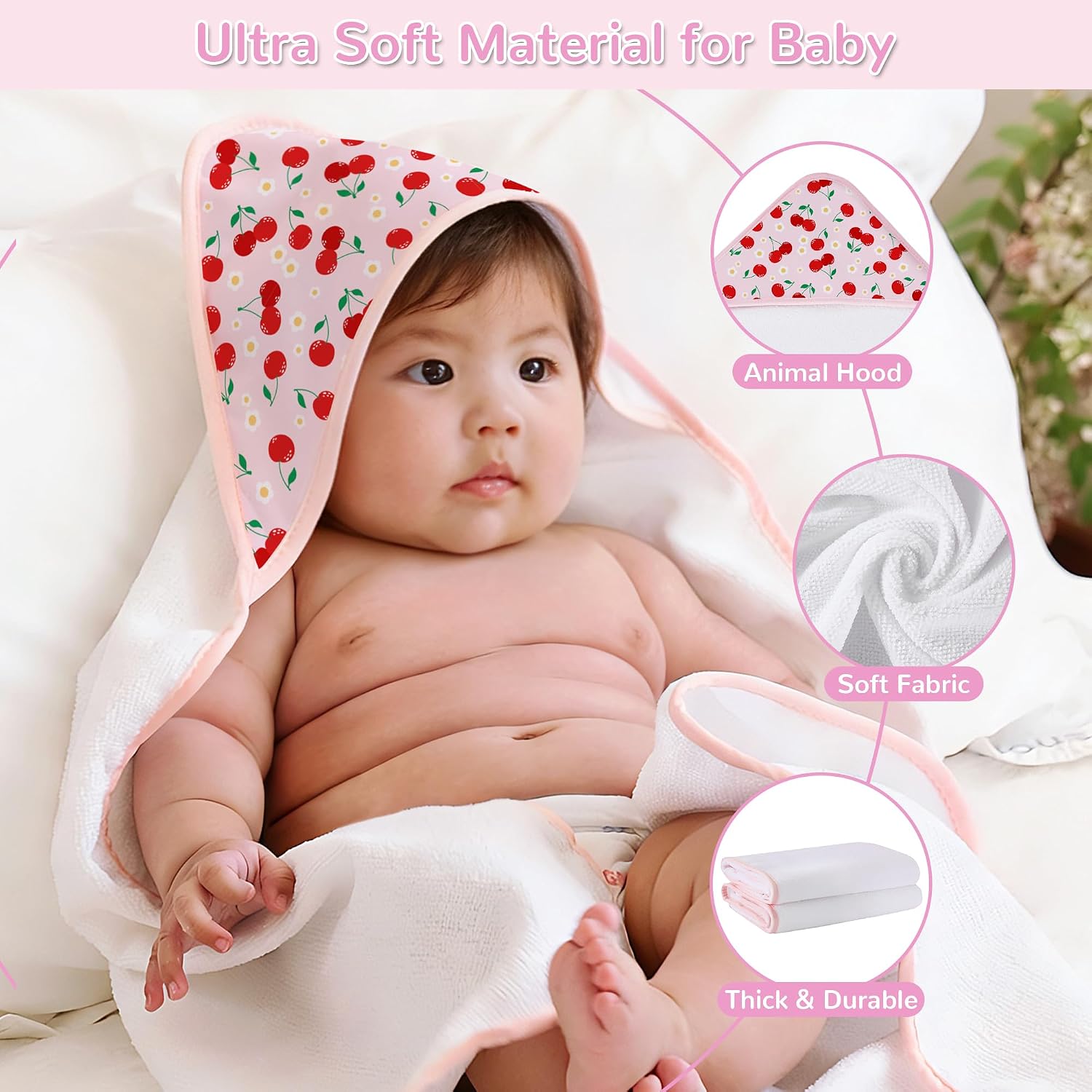 Viviland 6 Pcs Hooded Baby Towels and Washcloths Set, Super Gentle Bath Towels for Newborn Face & Body, Absorbent Wash Cloth for Infants Girls, Pink-Cherry Pattern, 28 x 28 inch