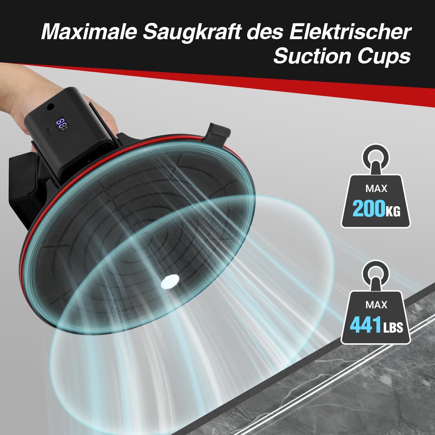 2X Elektrischer Vakuum Saugheber, 8'' mit Digitalanzeige Akku, Starker Saugnapf Glassauger Fliesenheber, Saugheber mit Automatischer Tragkraft 200kg, für EisenplatteSchiefer, Glas, Fliesen