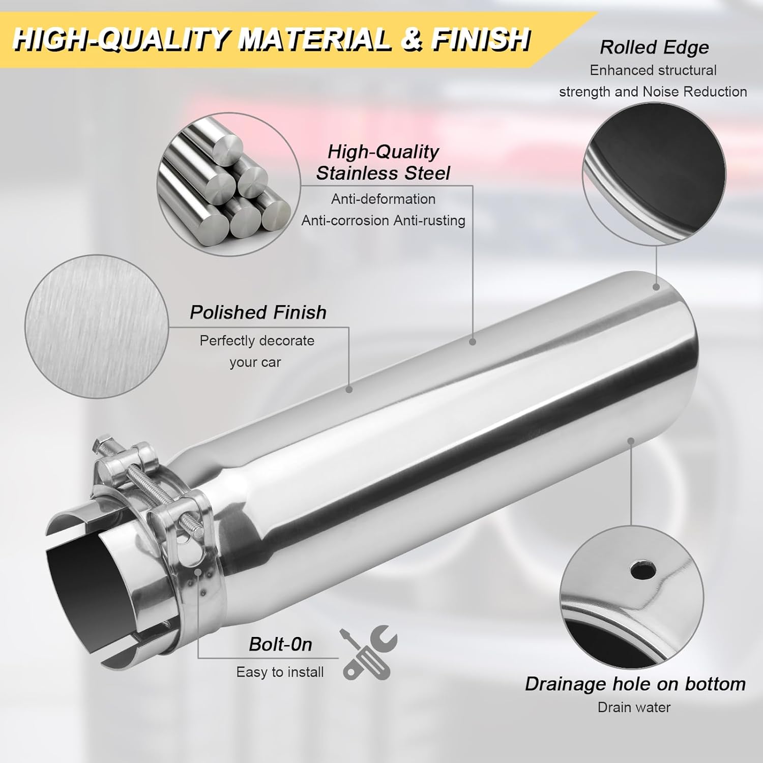 2.5 inch Inlet Exhaust Tip, 3" Outlet 12" Overall Length Stainless Steel Exhaust Tail Pipe, Clamp-On, Rolled Edge, Slant Sleek Angle Cut, Polished Tailpipe, Silvery