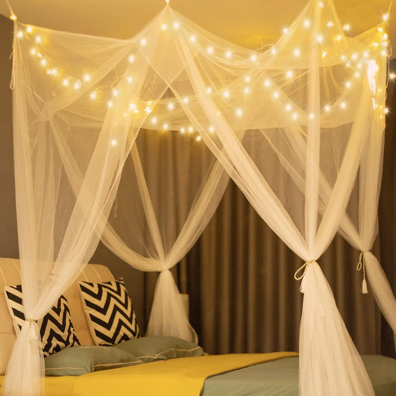 mizikuu Zanzariera Quadrata, Zanzariera per Letto Matrimoniale Quattro Porte Leggero e Traspirante Grande Zanzariera Letto per letto singolo a king size(Bianca 190 x 210 x 240 cm)
