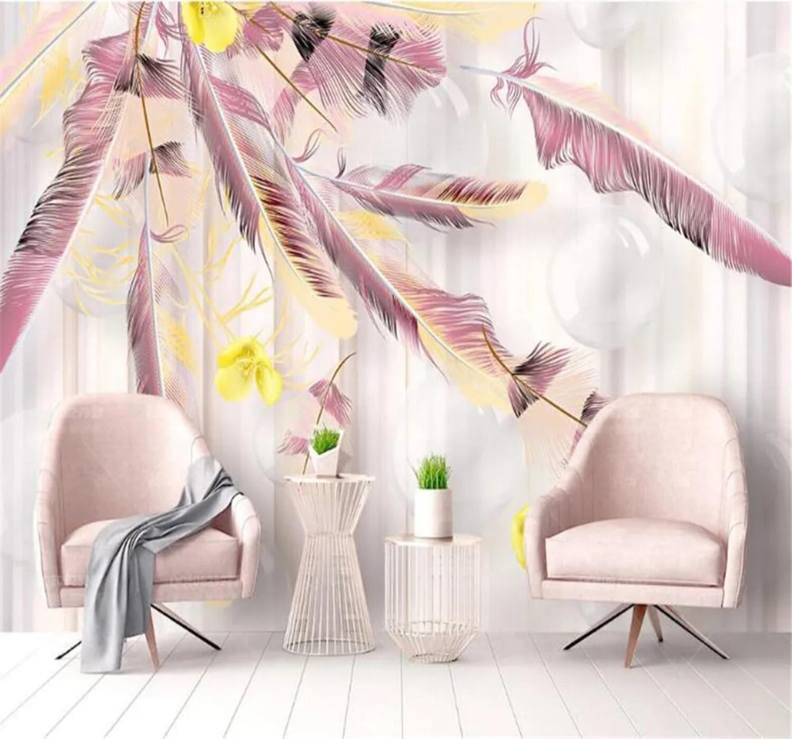 Tzxztt Three Dimensional Aesthetic Minimalist Pink Feathers Modern 3D Wallpaper Premium Textured Silk Neutral Tones Material Ideal for Living Room Bedroom-350cm×256cm