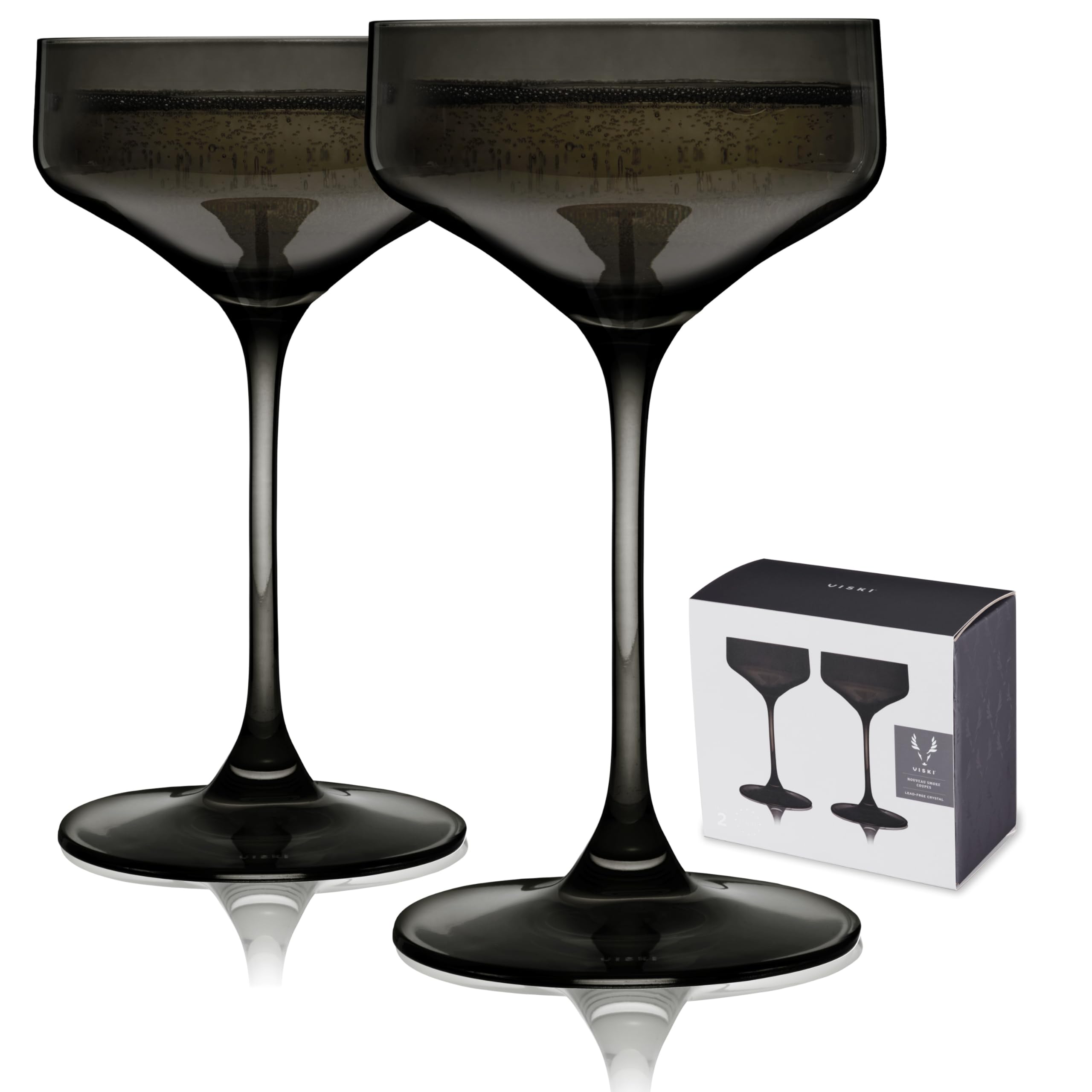 Viski Reserve Nouveau Smoke Gray Cocktail Crystal Coupe Colorful Martini Glasses-6.5oz Long Stem Glassware Set Set of 2