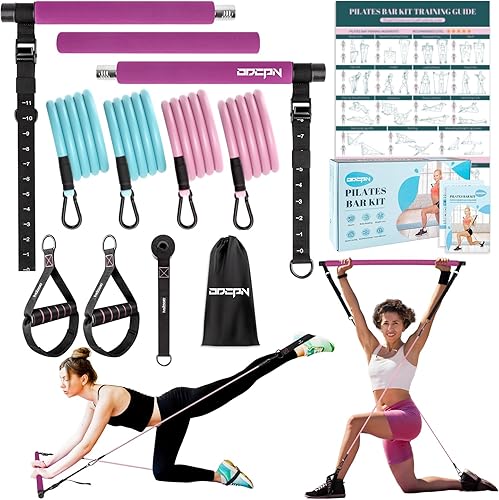 Pilates Bar Kit with Resistance Bands, Multifunctinal Exercise Bar with Ab Roller for PilatesAbsWeight Loss, Portable Home Gym Pilates bar kit for