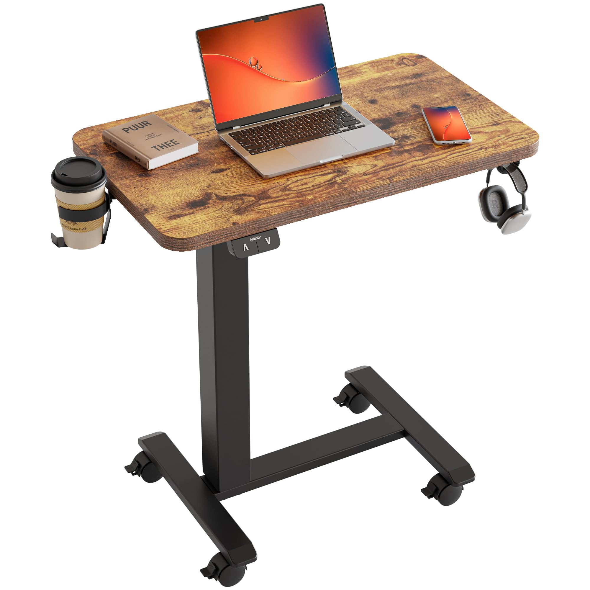 agilestic portable standing desk height adjustable, mobile table with wheels, small size sit stand table for laptops, rolling desk for home, 26" x 15.7"computer workstation, rustic brown