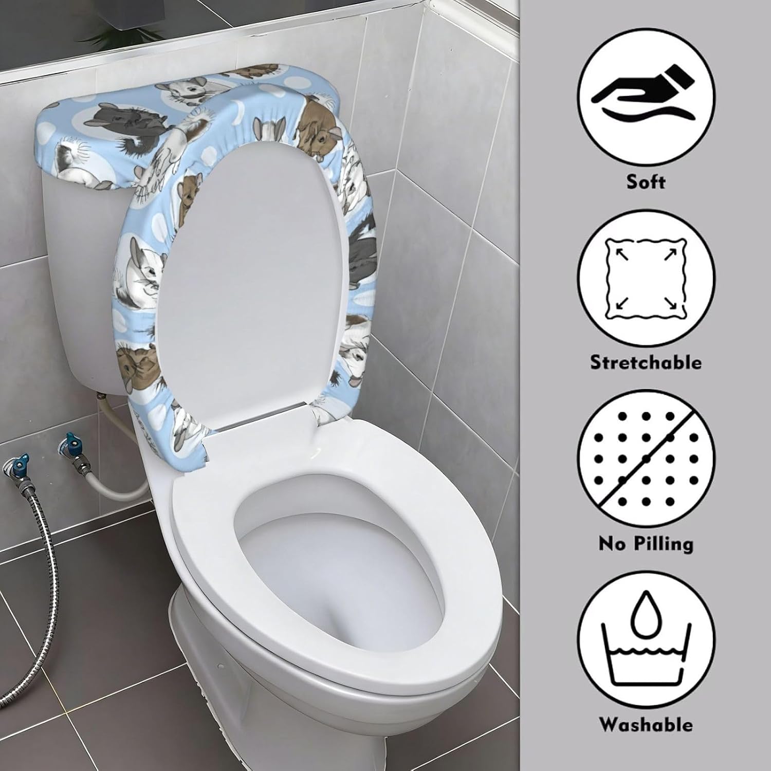 2 Pcs Blue Chinchillas And Moon Print Toilet Lid Cover And Toilet Tank Lid Cover Set, Soft Stretchable Bathroom Covers, Fits Round And Elongated Toilet Seats, Washable And Decorative
