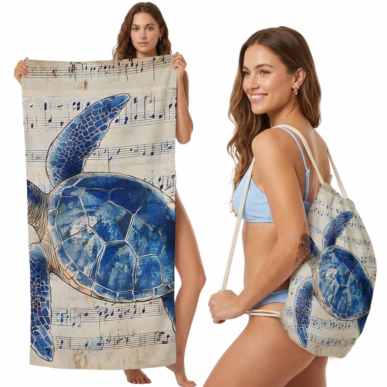 FWJZDSP Beach Towel Backpack Convertible Watercolor Blue Turtle Sand Free Quick Dry Towel Bag Retro Beach Towel with Adjustable Straps for Travel Swimming Pool Beach Accessories 31.5x63in