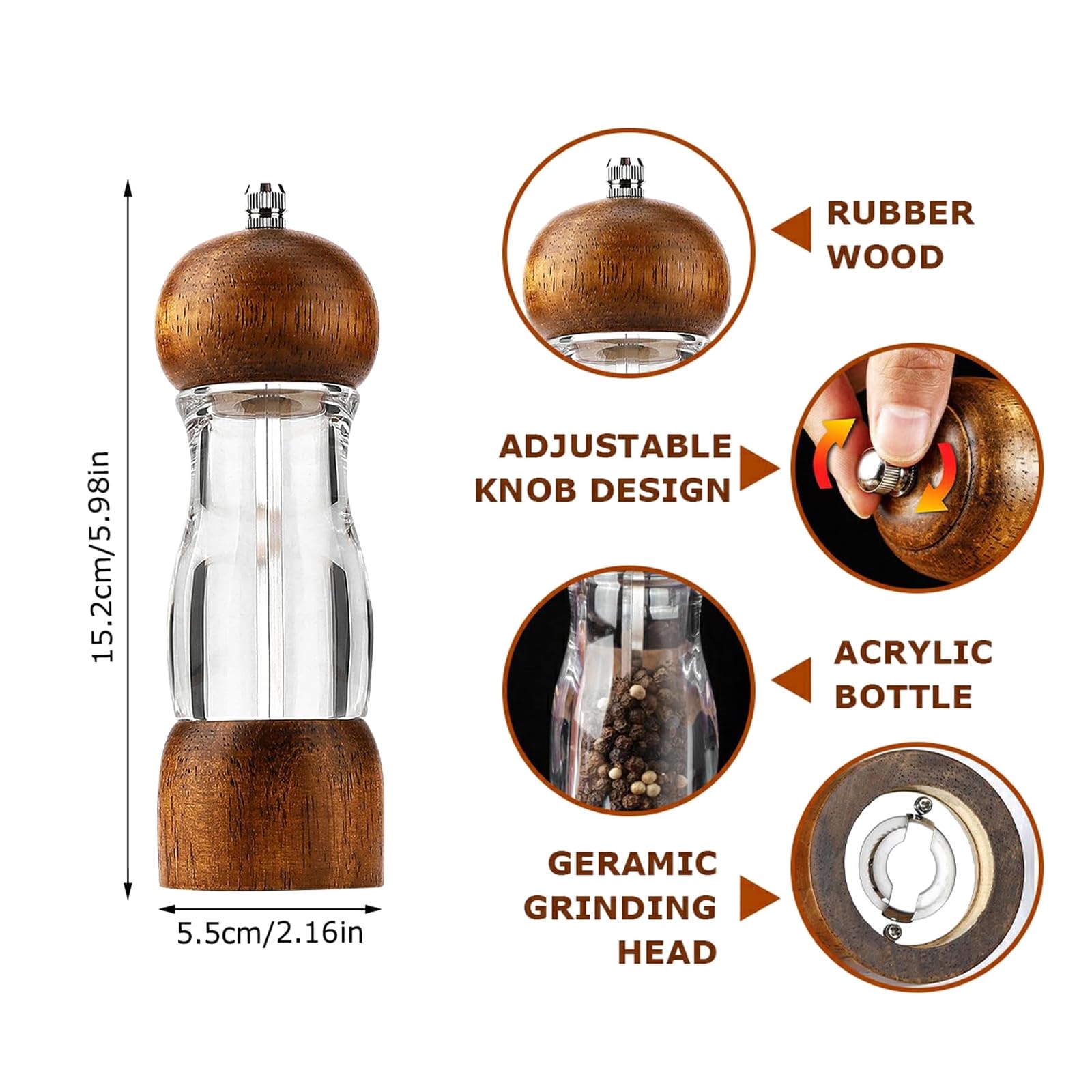 Salt and Pepper Grinder 2 Piece Set, 6 Inch Wooden Pepper Mill, Adjustable Coarseness Pepper Mill, Wooden Sea Salt Seasoning Shaker with Acrylic Window, Ceramic Grinding Core
