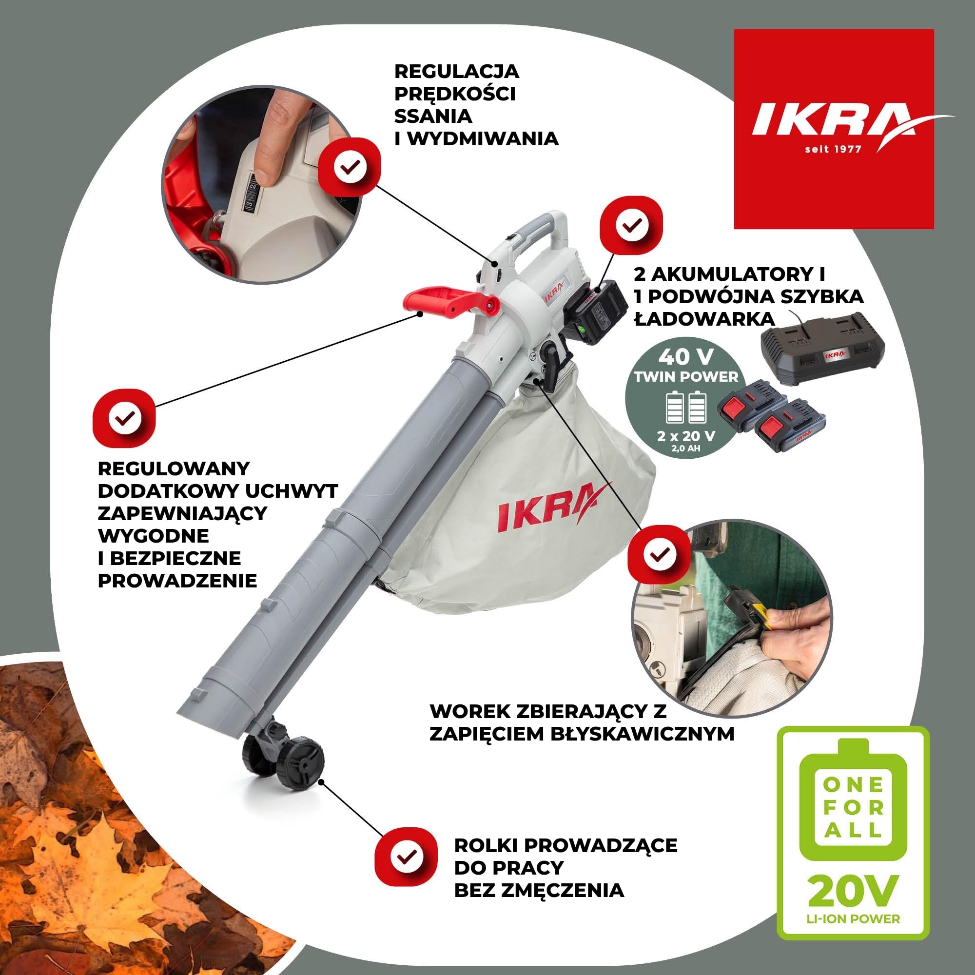 IKRA Odkurzacz i dmuchawa do liści IALS 2-20, z 2 akumulatory i ładowarka | Funkcja ssania i dmuchawy z przełącznikiem, do 210 km/h, worek 45 l, pas naramienny, system akumulatorowy IKRA 20V