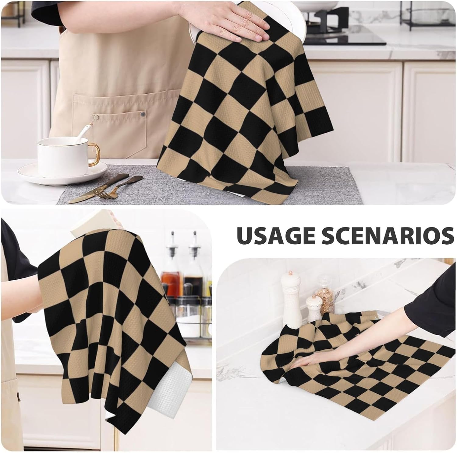 2 Pcs Black Brown Checkered Modern Kitchen Towels with Hanging Loop,Aesthetic Checkerboard Grid Pattern Retro Absorbent Hand Towels,Decorative Dish Tea Towels for Kitchen Bar Bathroom 16"x26"