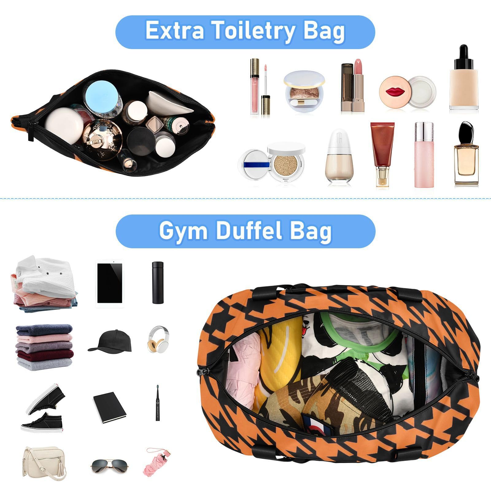 Lot de 2 sacs de voyage motif pied-de-poule orange avec poche humide et sangle réglable pour le yoga pour homme et femme