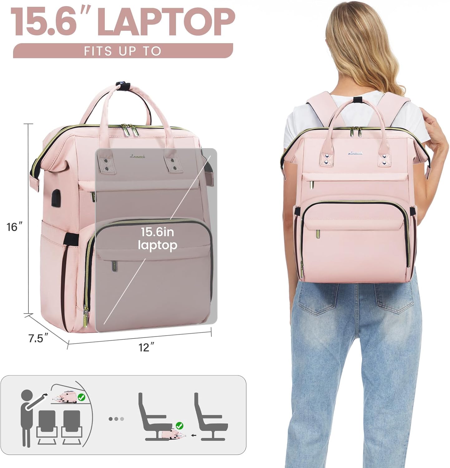 LOVEVOOK Laptop Backpack for Women,15.6 Inch Professional Womens Travel Backpack Purse Computer Laptop Bag Nurse Teacher Backpack,Waterproof College Work Bags Carry on Back Pack with USB Port, Pink - Image 5