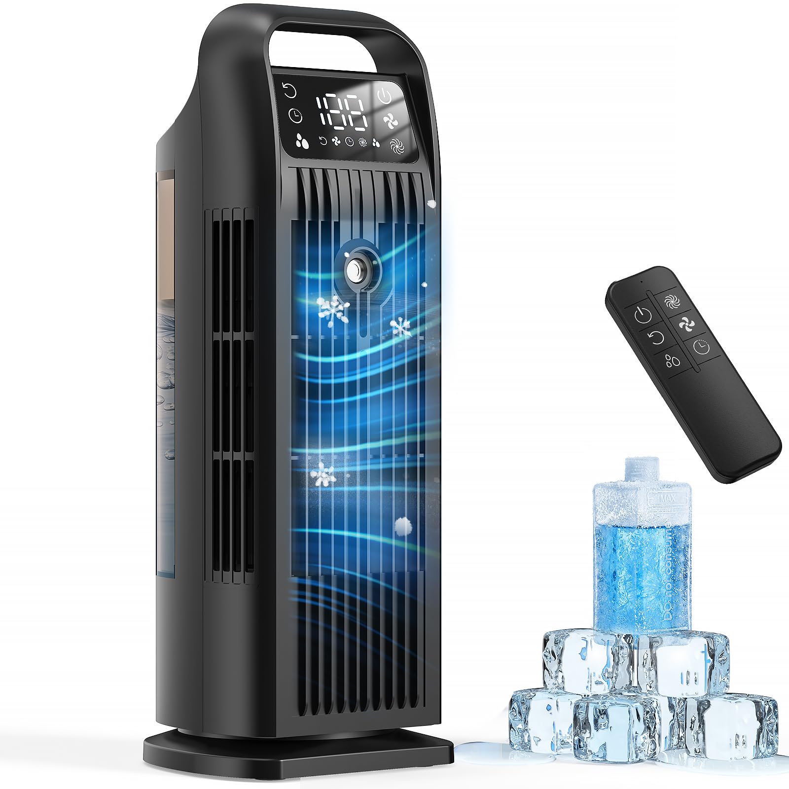 Mobile Klimaanlage ohne Abluftschlauch 6-in-1, Luftkühler mit Wasserkühlung & 1200ml Tank, 7m/s Turbo, 120° Oszillation, 1-12H Timer, 36W Leises Mini Klimagerät für Schlafzimmer & Büro, Schwarz Matt