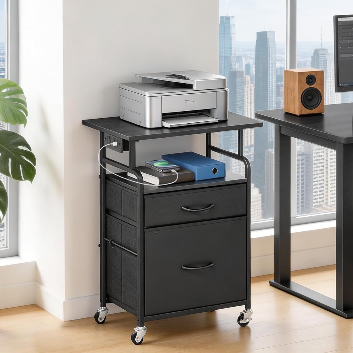 HOOBRO Large Printer Stand with Drawers, Printer Table on Wheels, Mobile Filing Cabinet with Charging Station, Printer Cart for Home Office, Living Room, Black BB15UPS01