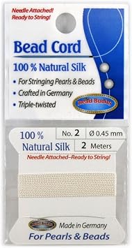 Bead Buddy 0.45mm Natural White Silk Cord Thread with Attached Needle - Ideal for Jewelry Making - 2m Long