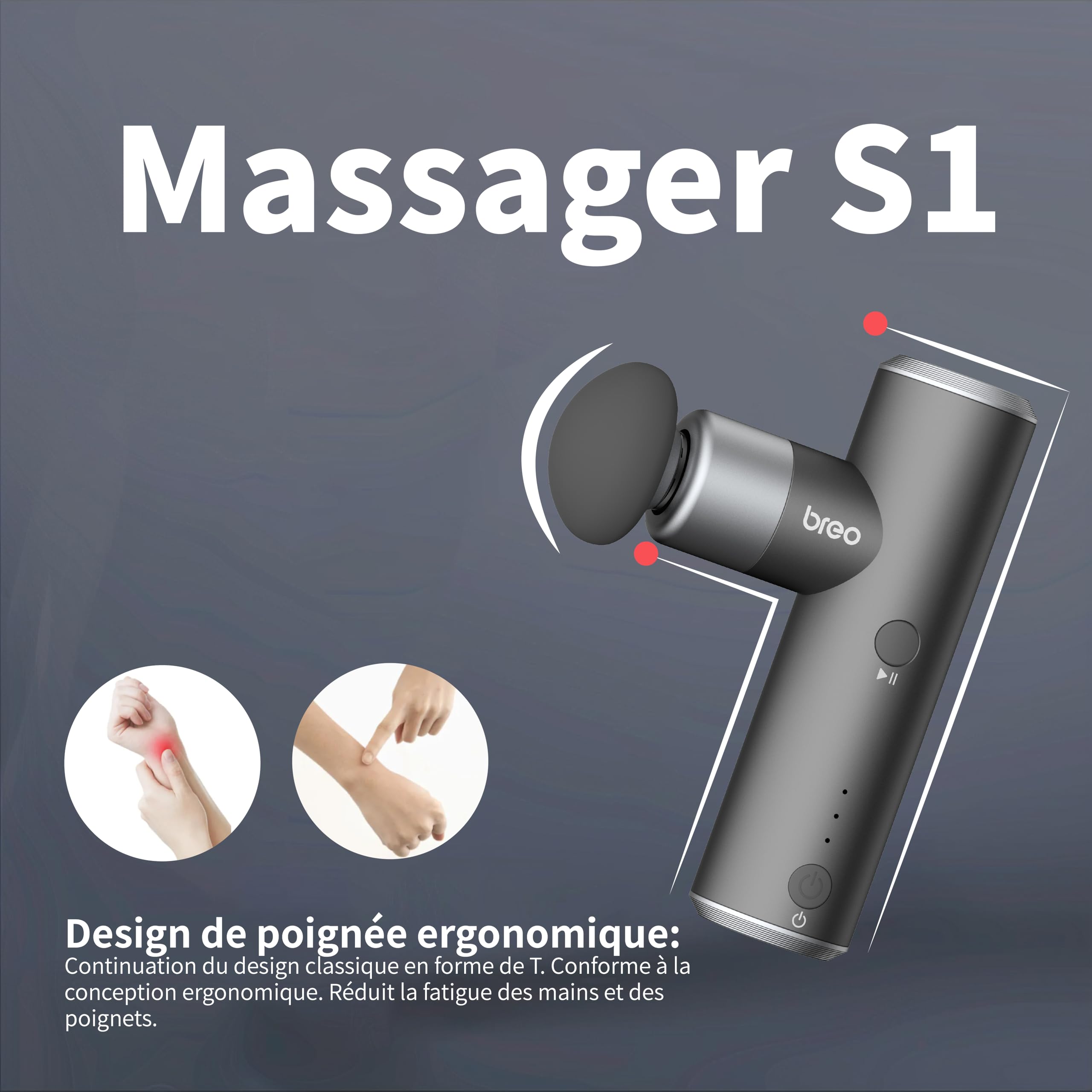 Breo S1mini Pistolet de massage portatif Tissu musculaire profond,0,195 kg | 4 Niveaux d'intensité, 3 Têtes amovibles, Puissant, Silencieux, Compact, Pour Maison, Bureau & Sport, Idée cadeau,Noir