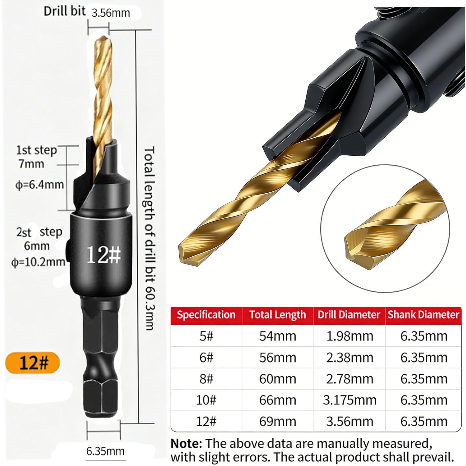 countersunk Drill bit Set, Adjustable countersunk chamfering Integrated Woodworking Drill bit Set, # 5, # 6, # 8, # 10, # 12, Suitable for Woodworking (6)