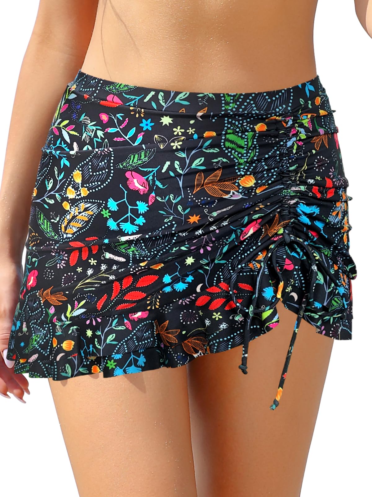 SHEKINI Traje de Baño para Mujer Elegante Ruched Bikini Falda Corta Incorporada Pantalones de Bikini Deportivo Verano Falda de Baño con Cordón de Playa